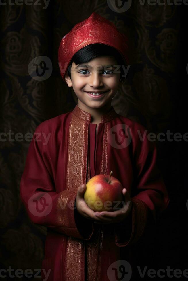 ai generado el sonriente niño sostiene un Fruta - manzana, vestido en cultural ropa foto