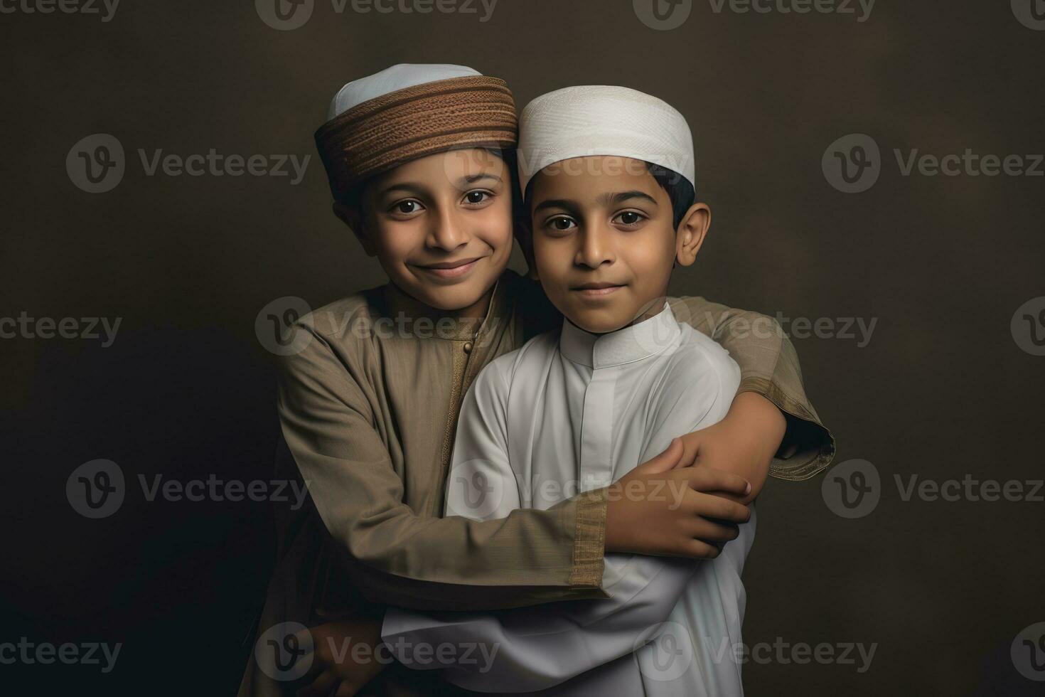 AI generated Two young boys in Arabic clothing standing next to each other photo