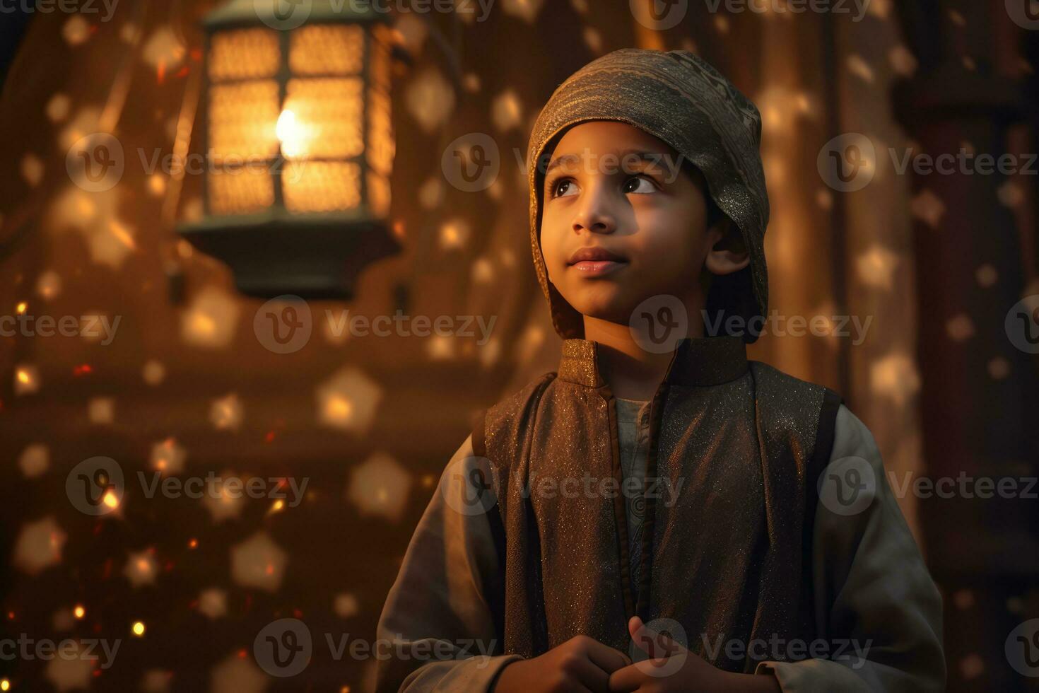 AI generated A Young Boy in a Hat, Looking up at a Glowing Light photo