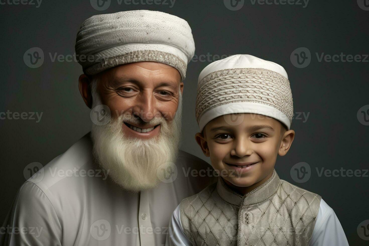 AI generated A Young boy and an Old Man, both wearing cultural attire, stand together and smile for a photo. photo