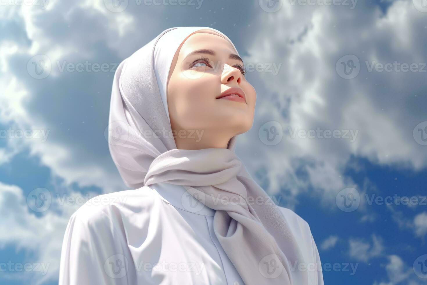 AI generated Woman wearing a Headscarf, Looking Up at the Cloudy Sky photo