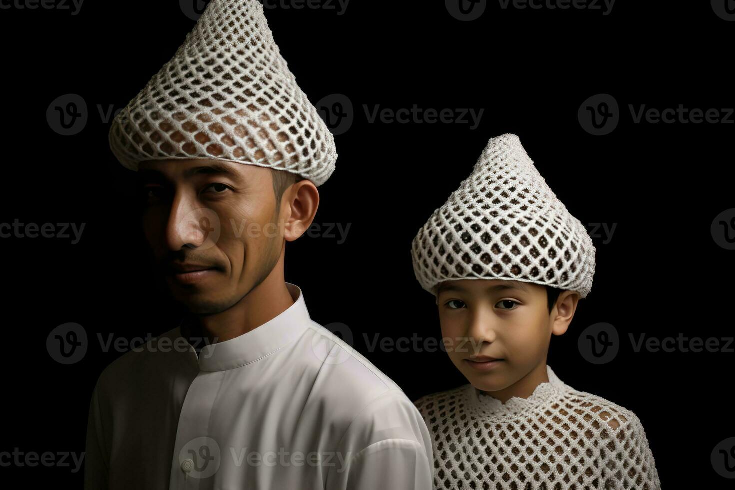 ai generado iraní hombre y joven chico con único sombreros foto