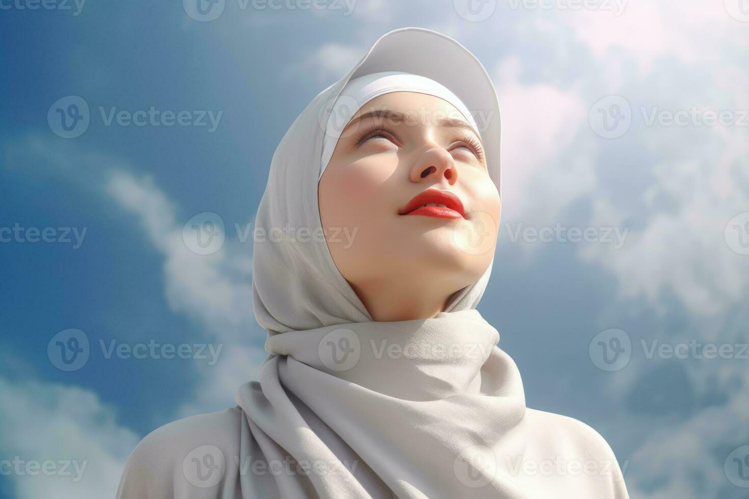 AI generated A woman wearing a headscarf, gazing up at the sky photo