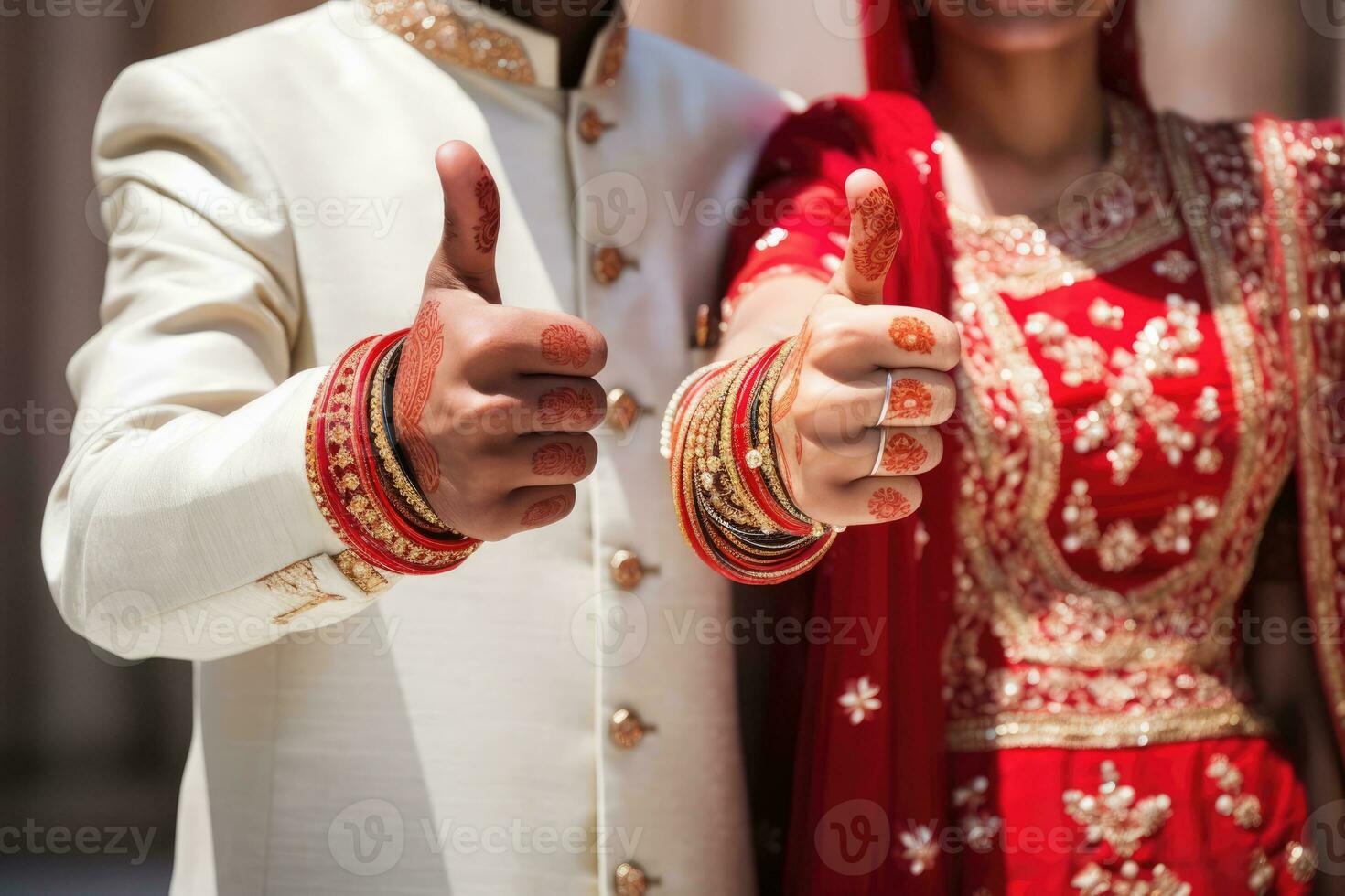 AI generated A happy couple celebrating their love with matching gold wedding rings and traditional henna designs on their hands. photo