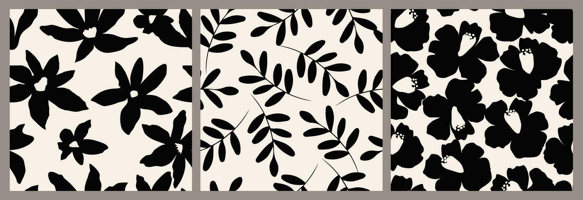 Set of flower seamless background. Minimalistic abstract floral pattern. Modern print in black and white background. Ideal for textile design, wallpaper, covers, cards, invitations and posters. vector