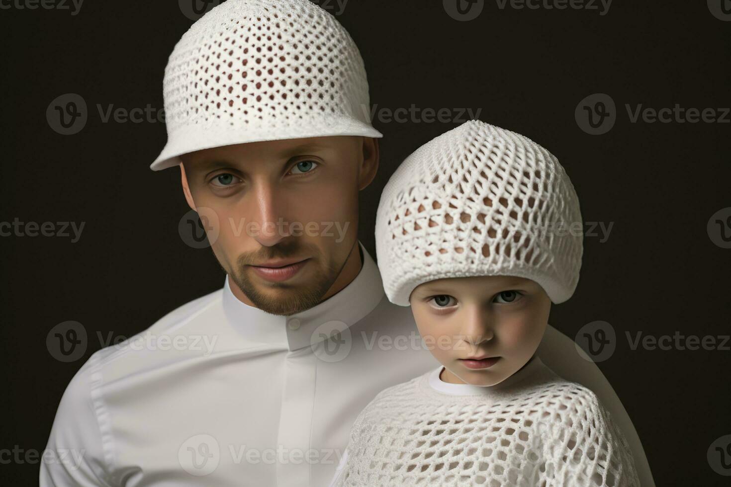 ai generado un joven hombre y un pequeño chico con sombreros foto