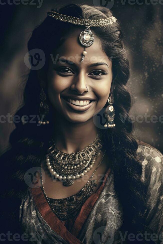 AI generated Elegant Indian woman with dark hair wearing traditional jewelry photo