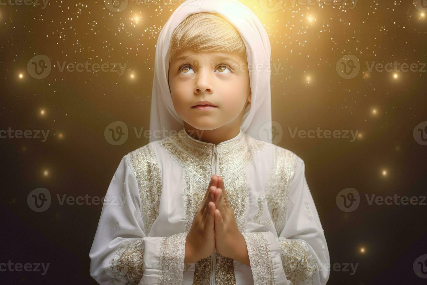 AI generated A young boy in a white jumpsuit, likely a Muslim prayer outfit, is praying with his hands together. photo