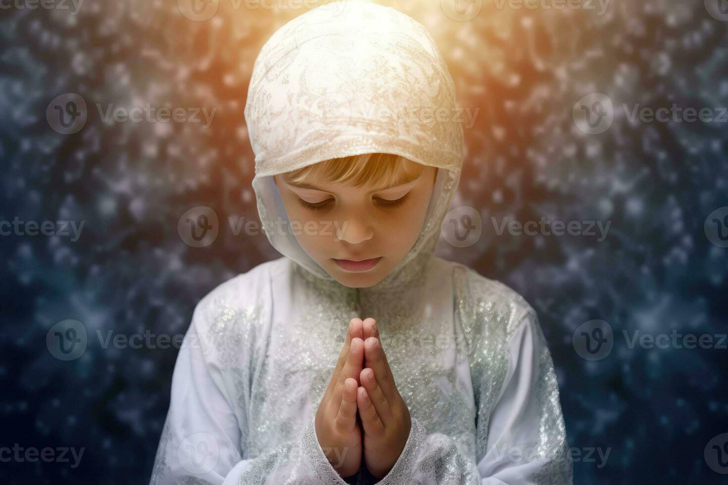 AI generated A young child praying with clasped hands photo