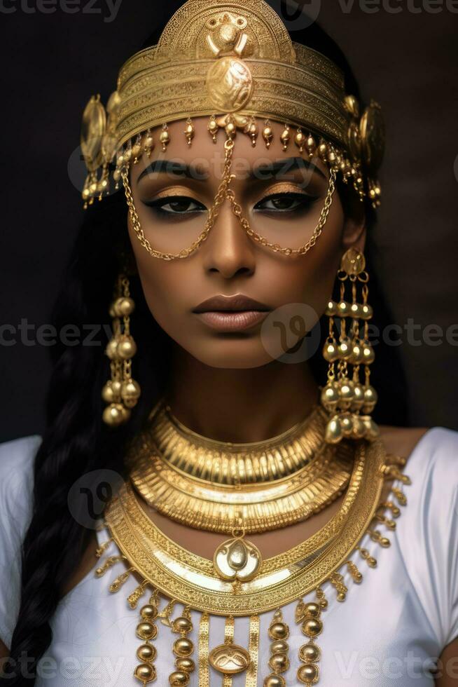 AI generated Golden Goddess - Egyptian-inspired jewelry and elaborate headdress photo