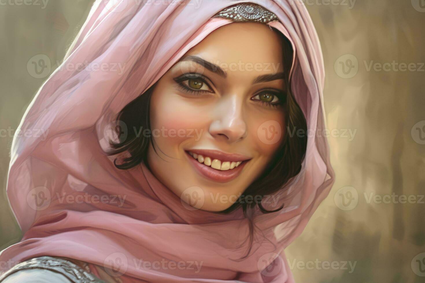 AI generated Beautiful woman wearing a pink headscarf photo