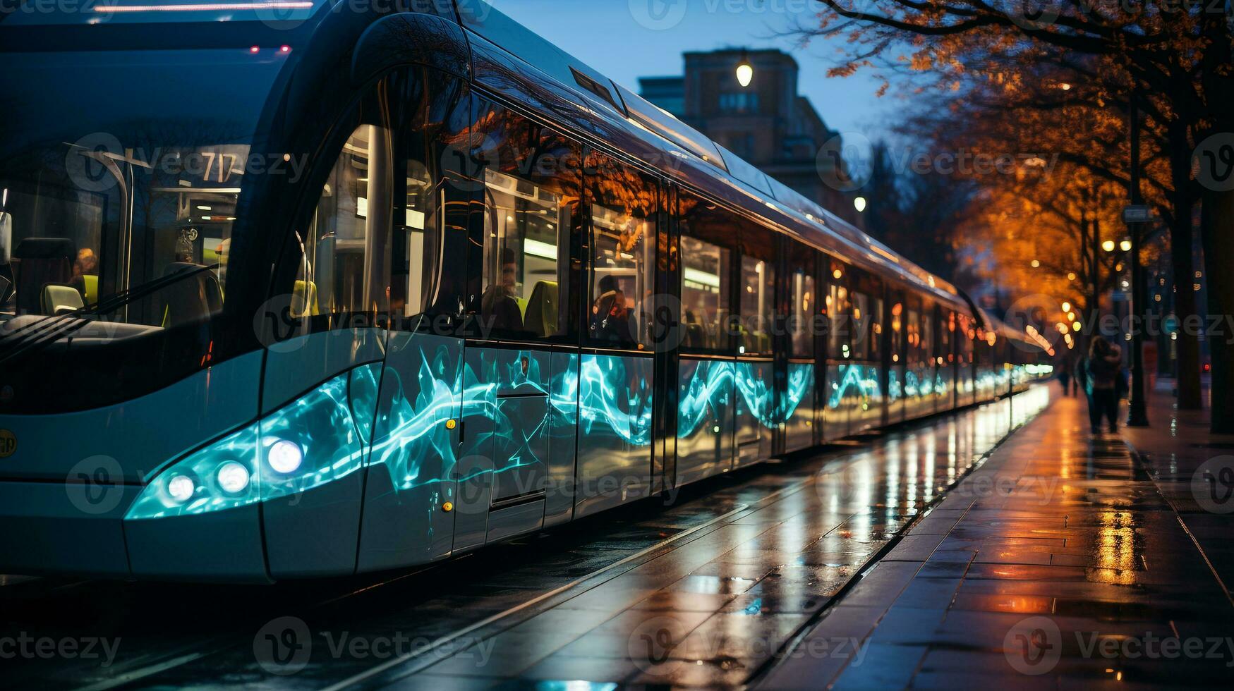 AI generated a photo of electric buses lined up at a downtown transit hub. Generative AI