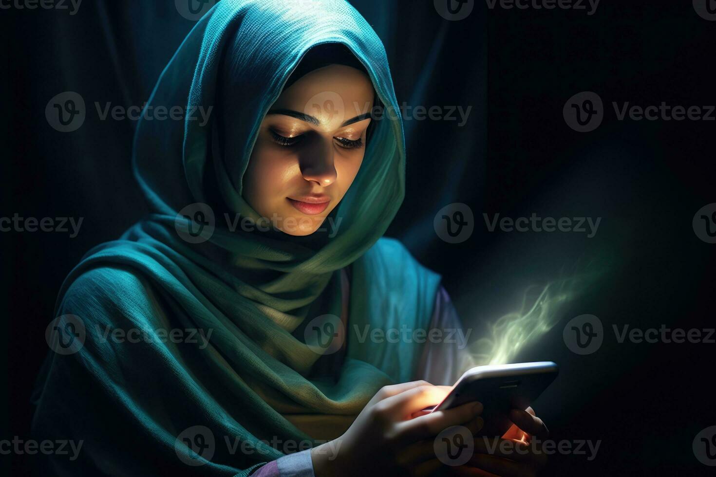 AI generated A woman in a headscarf checks her cell phone in the dark. photo