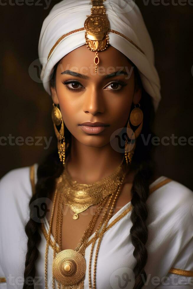 AI generated Eastern-inspired Beauty - Woman in Traditional Headdress and Jewelry photo