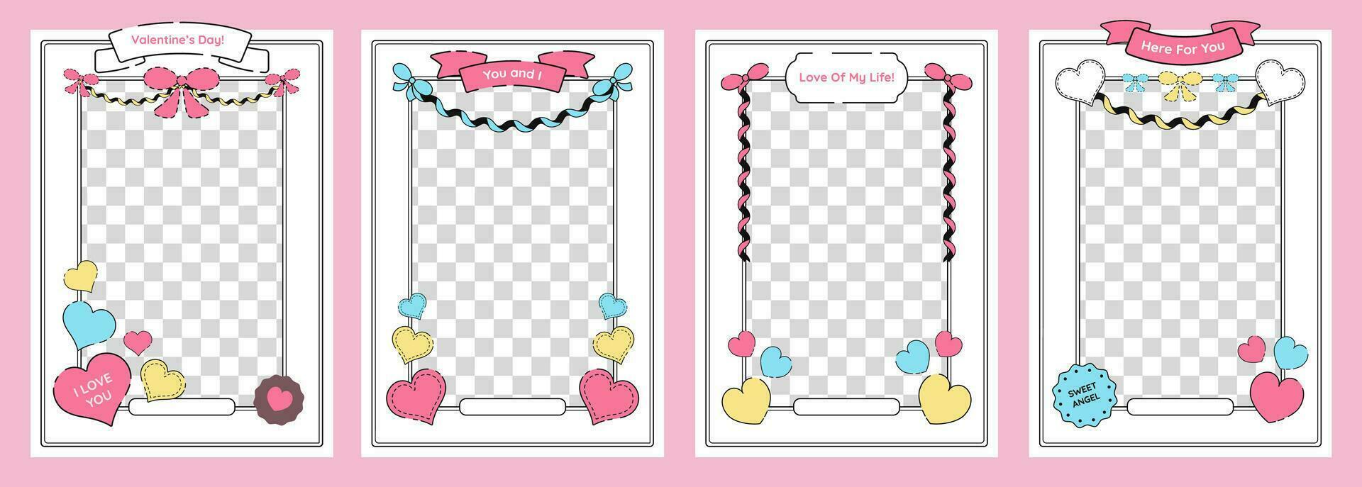 Valentine's Day poster set with emty frames, copy spaces and decorative holiday elements, hears, ribbons, bows and labels with greetings. Vector illustration.