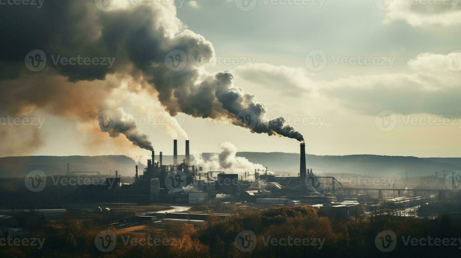 ai generado un foto de denso fábrica fumar ondulante desde un grande industrial instalación. generativo ai