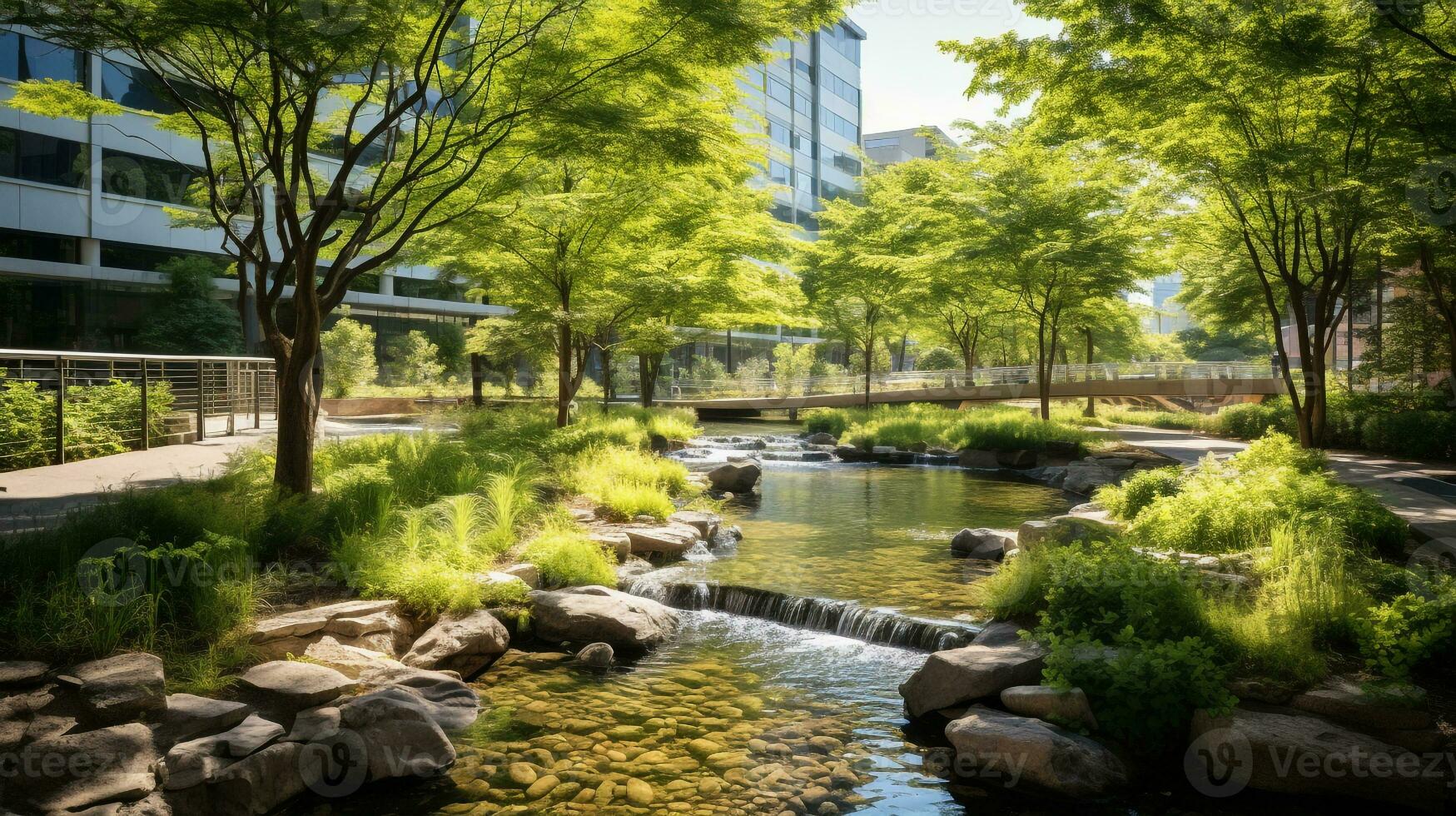 ai generado un foto de un urbano parque oasis con limpiar aire, verdor, y Fresco agua características. generativo ai