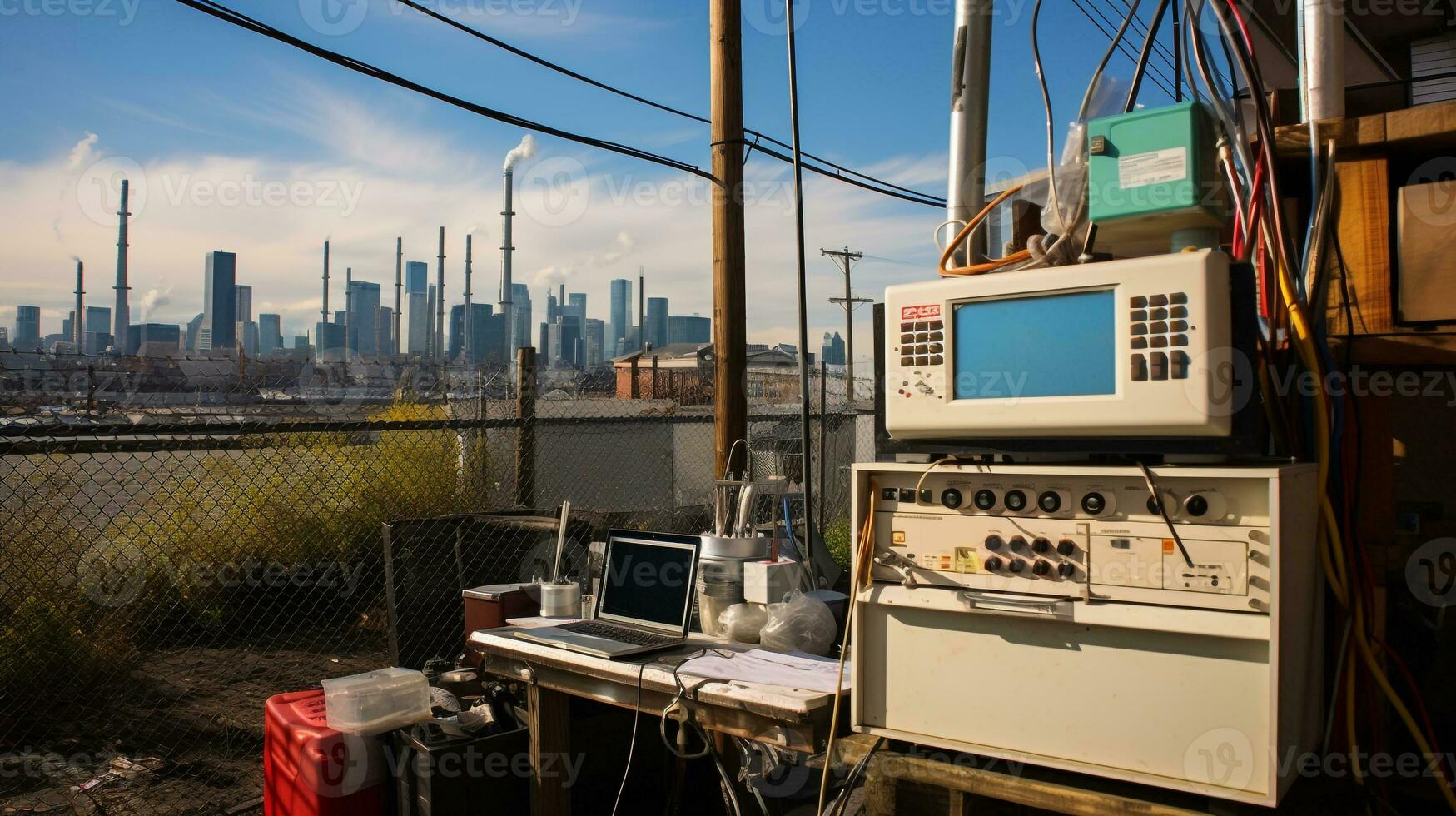 AI generated A photo of an air quality monitoring station in a polluted urban area. Generative AI