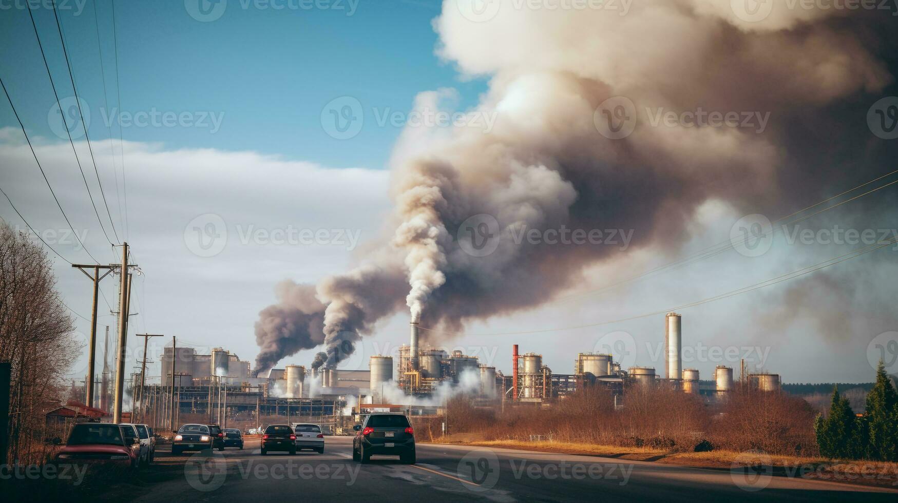 ai generado un foto de denso fábrica fumar ondulante desde un grande industrial instalación. generativo ai