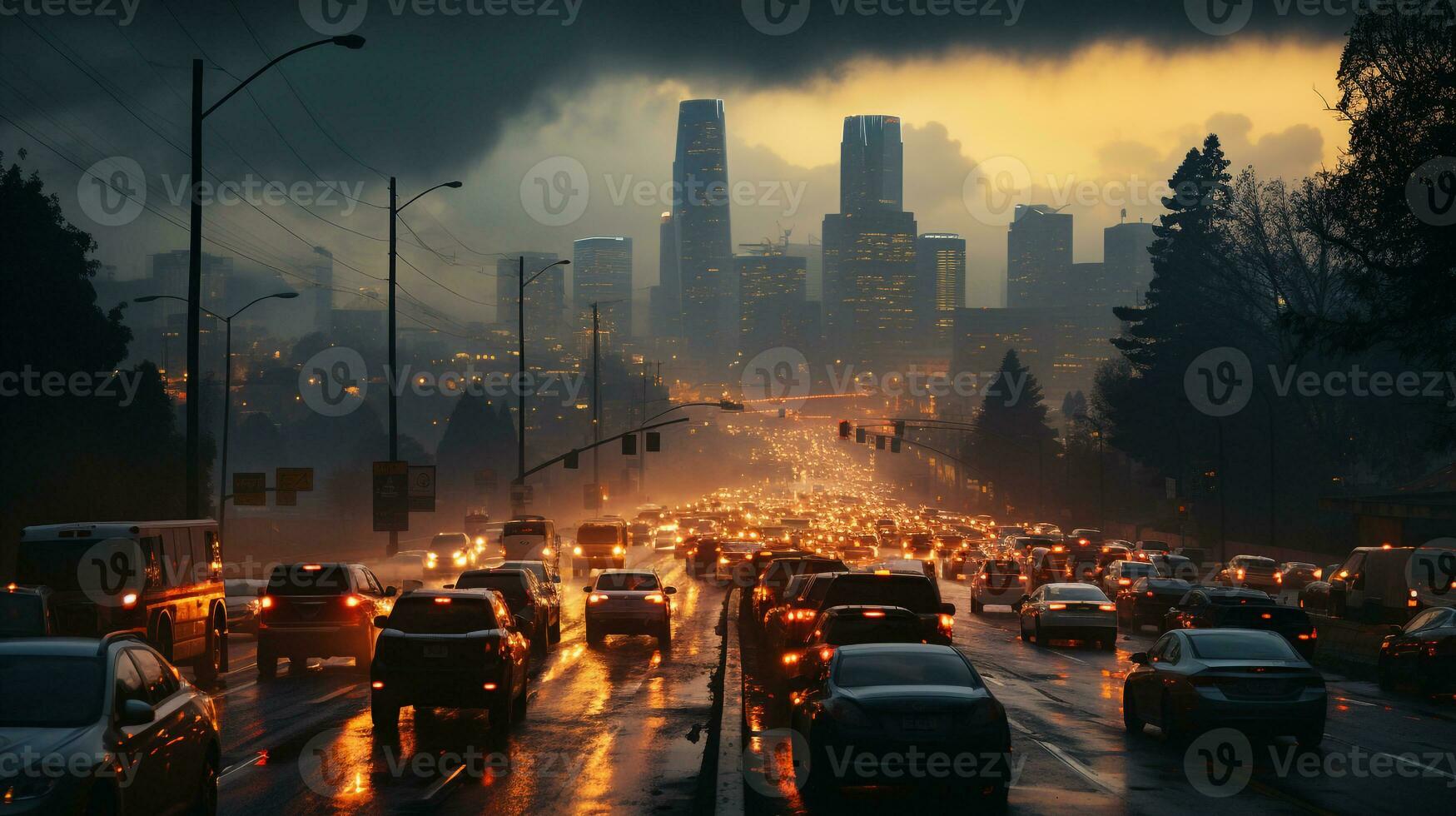 ai generado un foto de un niebla tóxica cubierto paisaje urbano con tráfico congestión durante prisa hora. generativo ai