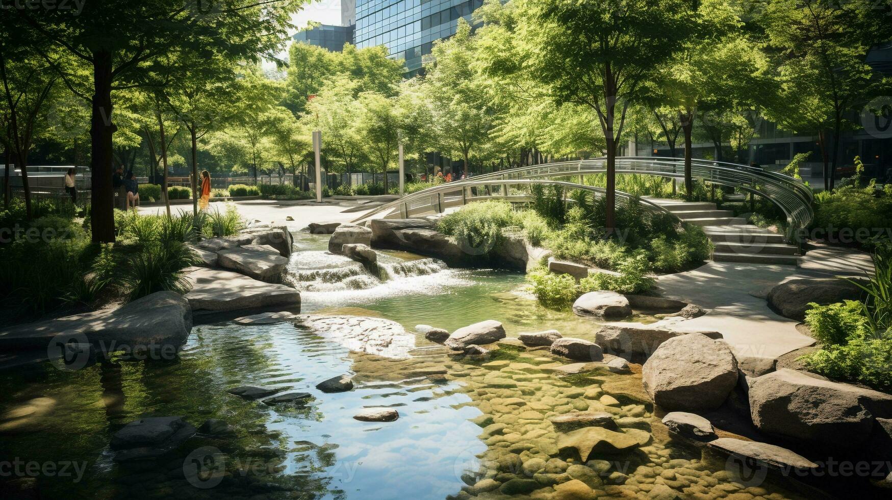 AI generated A photo of an urban park oasis with clean air, greenery, and fresh water features. Generative AI