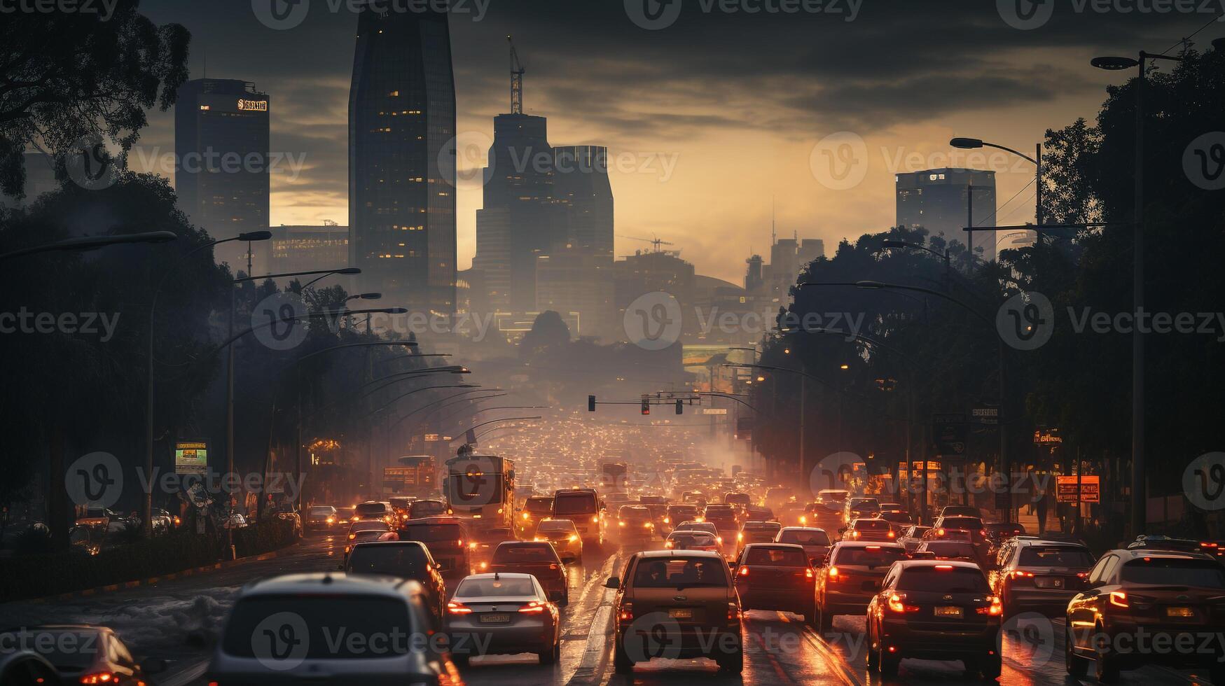 ai generado un foto de un niebla tóxica cubierto paisaje urbano con tráfico congestión durante prisa hora. generativo ai