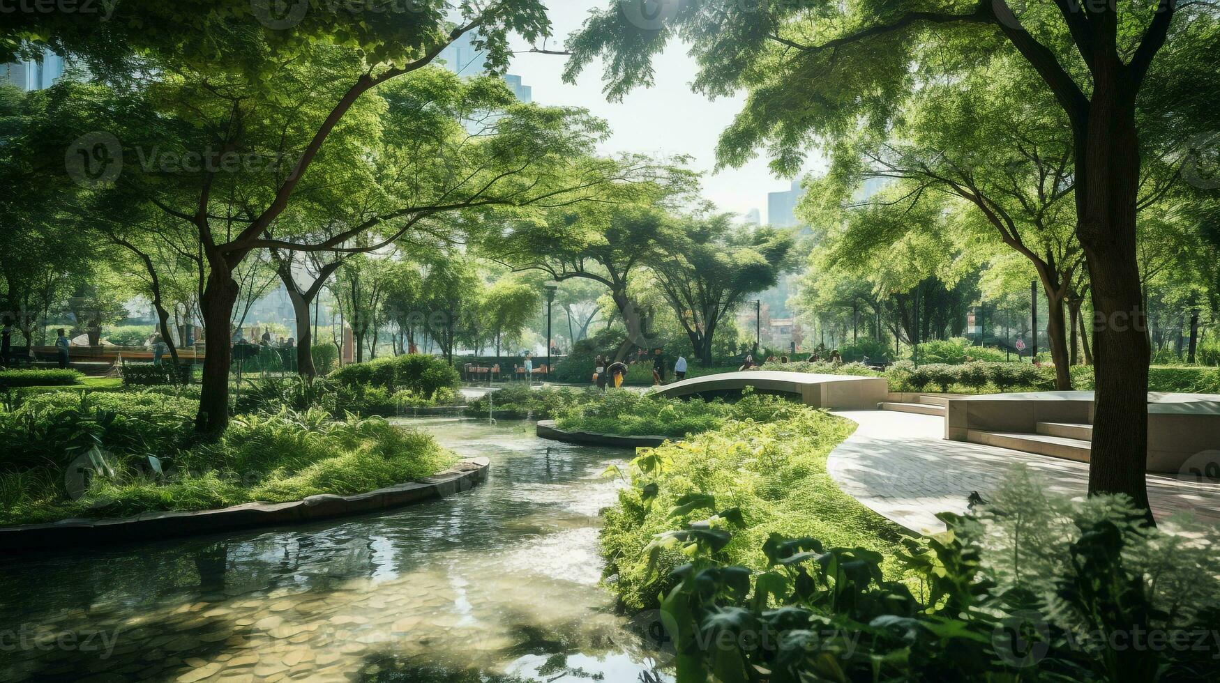 ai generado un foto de un urbano parque oasis con limpiar aire, verdor, y Fresco agua características. generativo ai