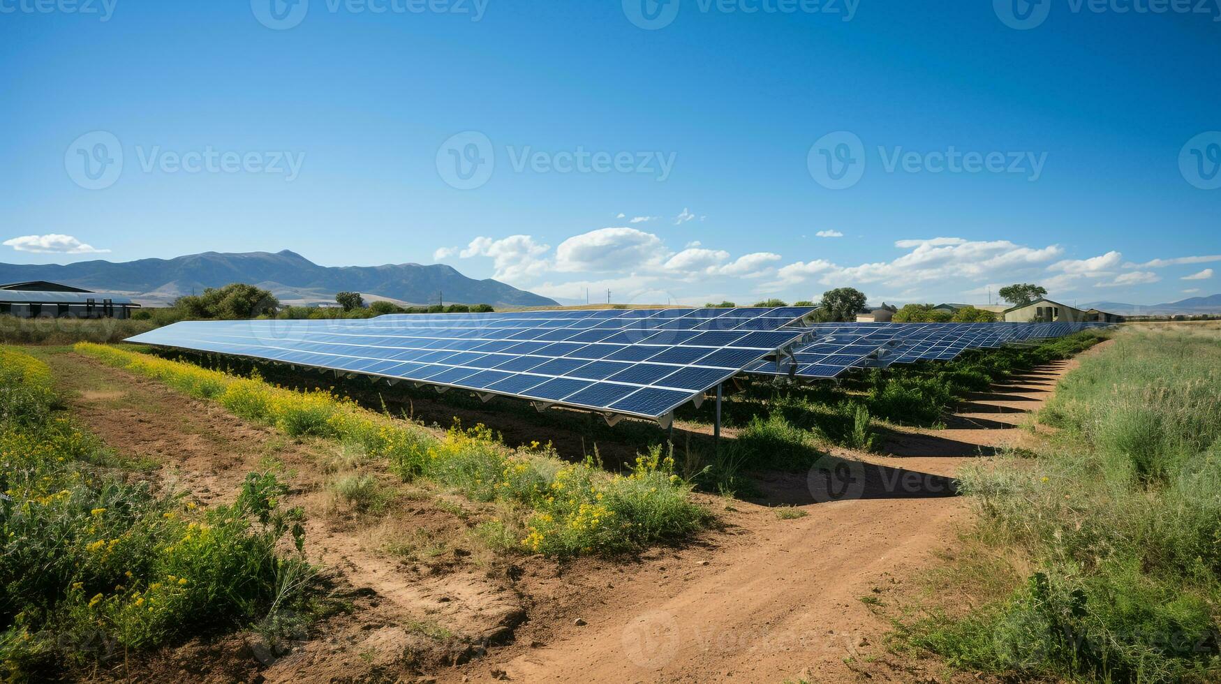 AI generated a photo of a renewable energy solar farm with rows of photovoltaic panels generating clean electricity. Generative AI