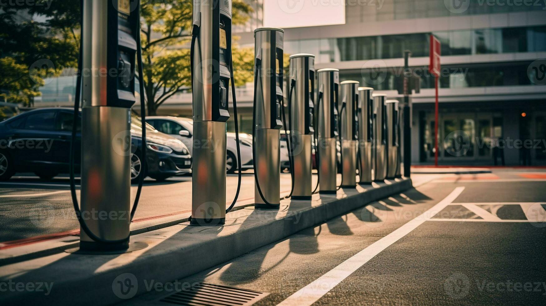 AI generated A photo of a row of electric charging stations for vehicles in a city parking lot. Generative AI