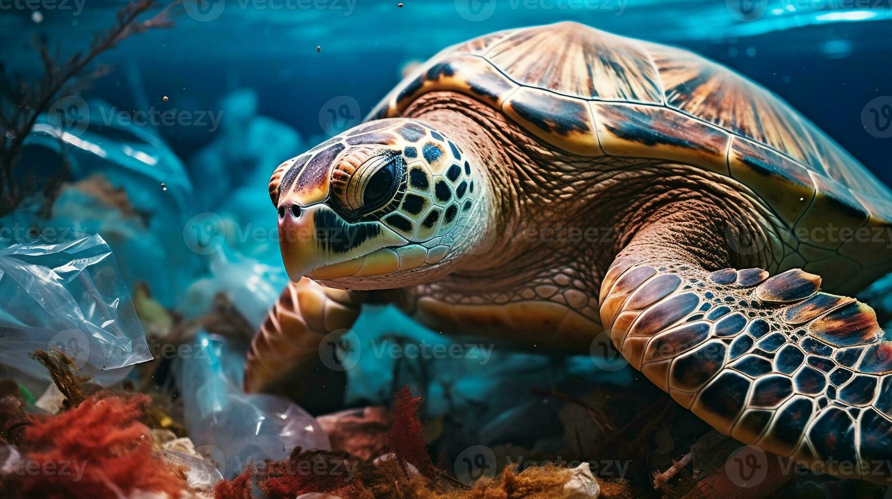 AI generated A photo of a sea turtle entangled in plastic waste. Generative AI