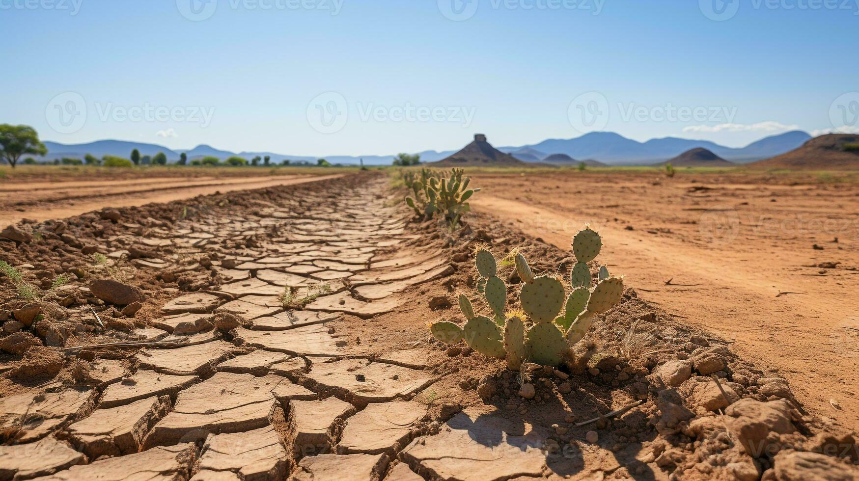 ai generado un foto de un tostado Desierto paisaje con agrietado tierra y un cactus. generativo ai