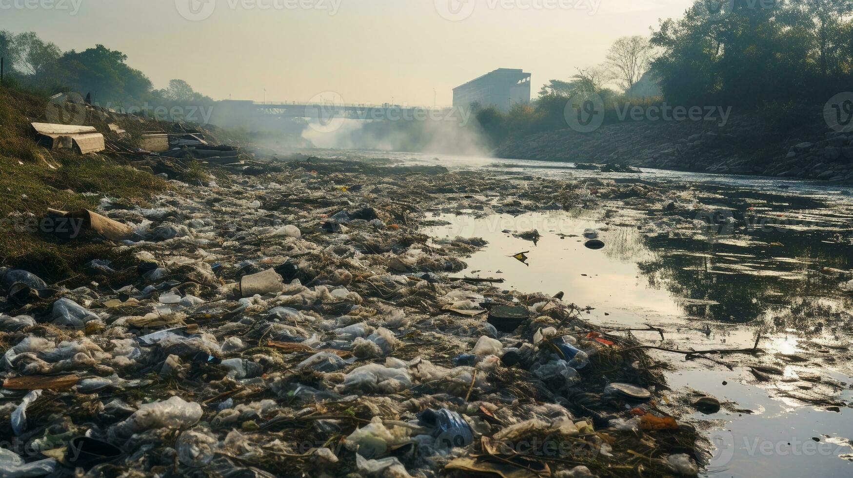 ai generado un foto de un contaminado orilla del río con descartado residuos y contaminado agua. generativo ai