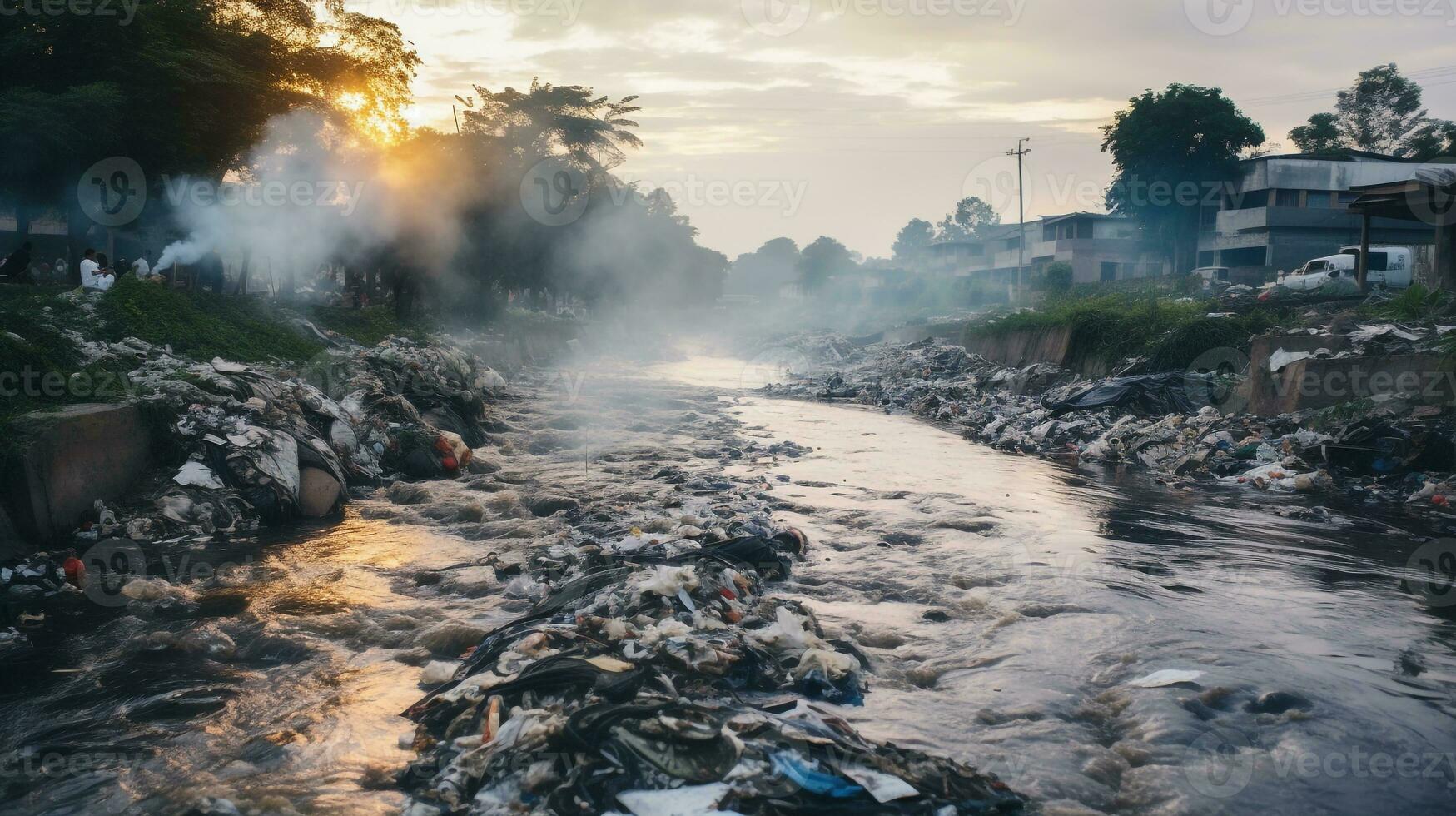 ai generado un foto de un contaminado del río impacto en un local comunidad. generativo ai