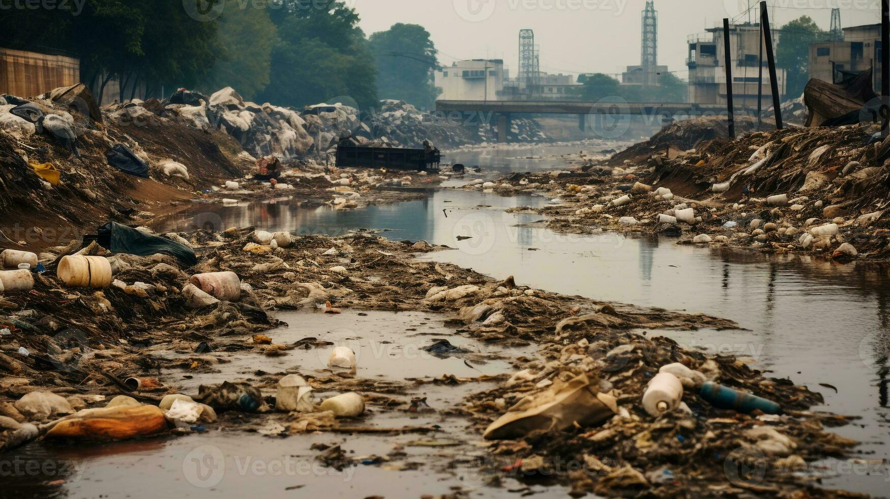 ai generado un foto de un contaminado del río impacto en un local comunidad. generativo ai