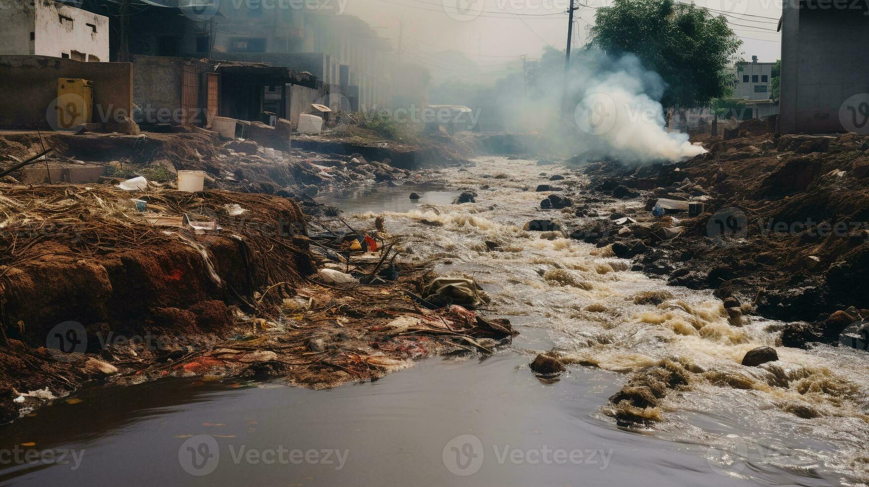 ai generado un foto de un contaminado del río impacto en un local comunidad. generativo ai