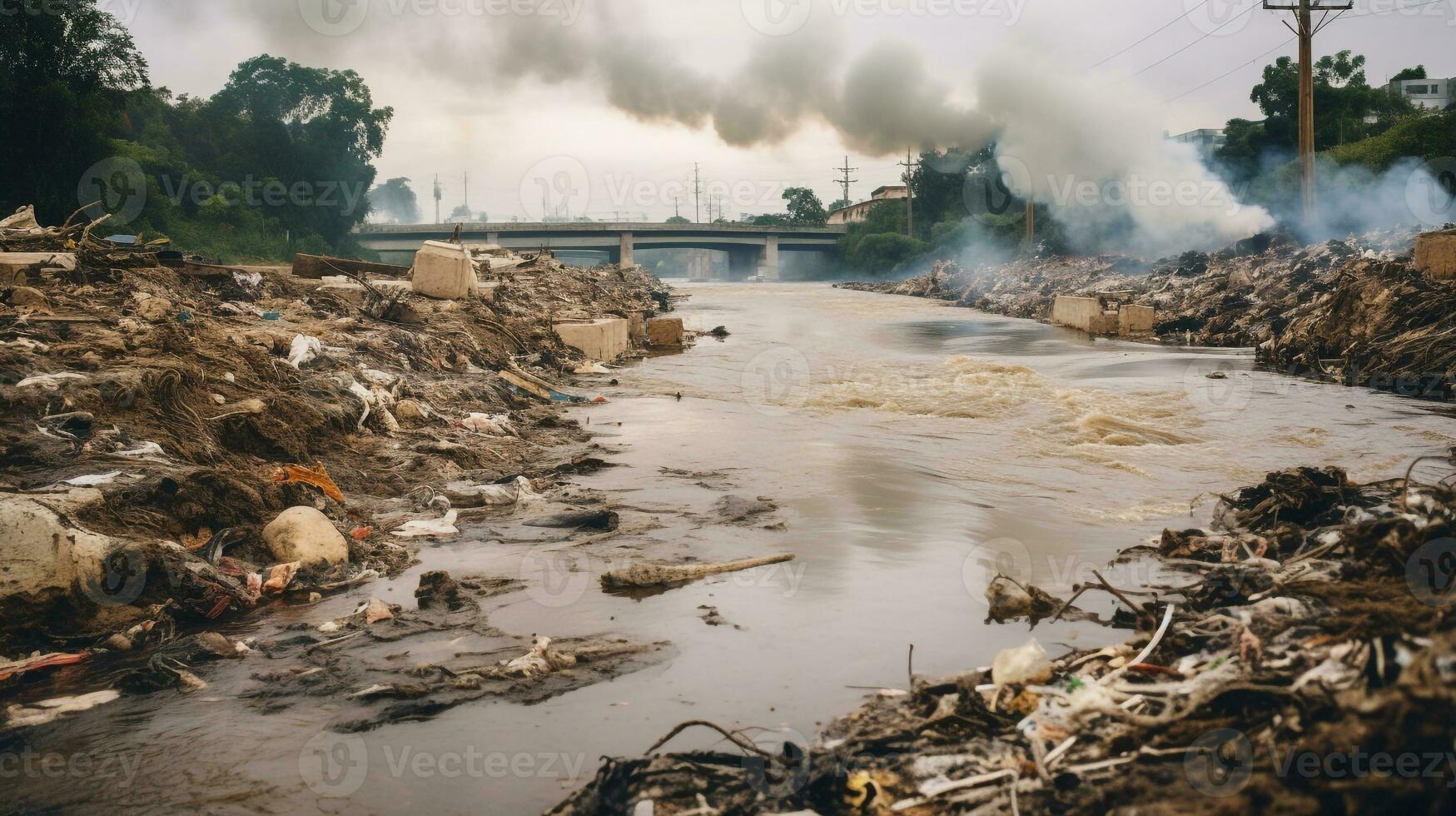 AI generated A photo of a polluted river's impact on a local community. Generative AI