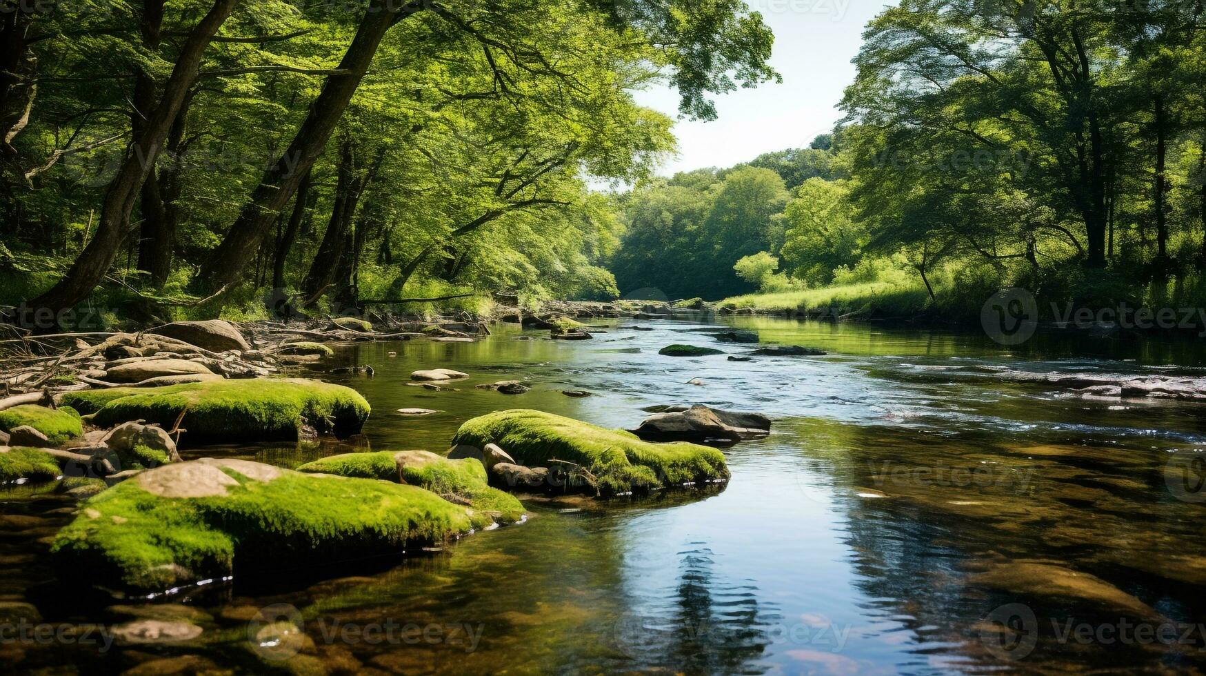 AI generated A photo of a lush, green riverbank thriving with wildlife and clear water. Generative AI