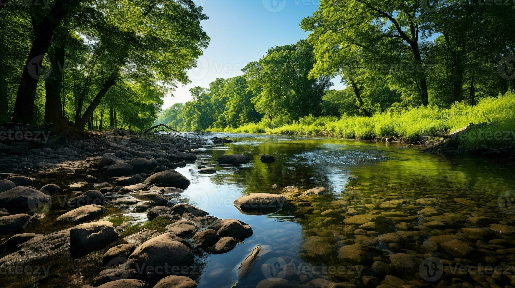 ai generado un foto de un lozano, verde orilla del río próspero con fauna silvestre y claro agua. generativo ai