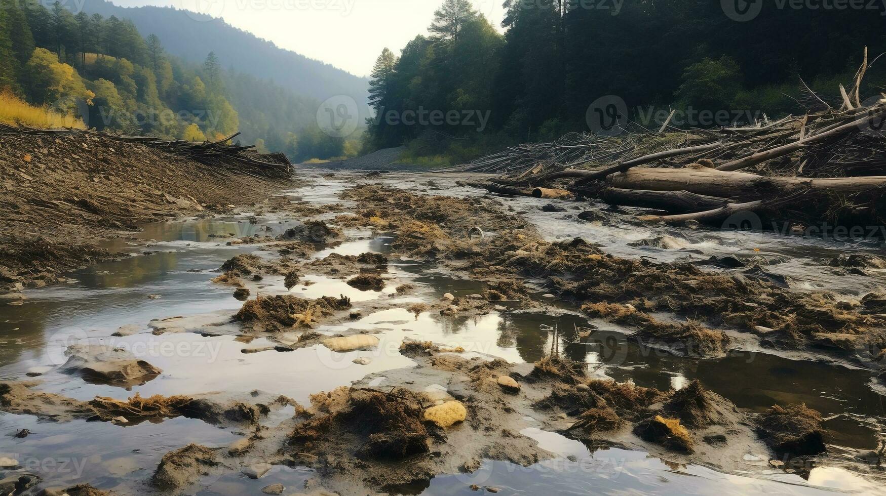 AI generated A photo of a once pristine river now heavily affected by pollution. Generative AI