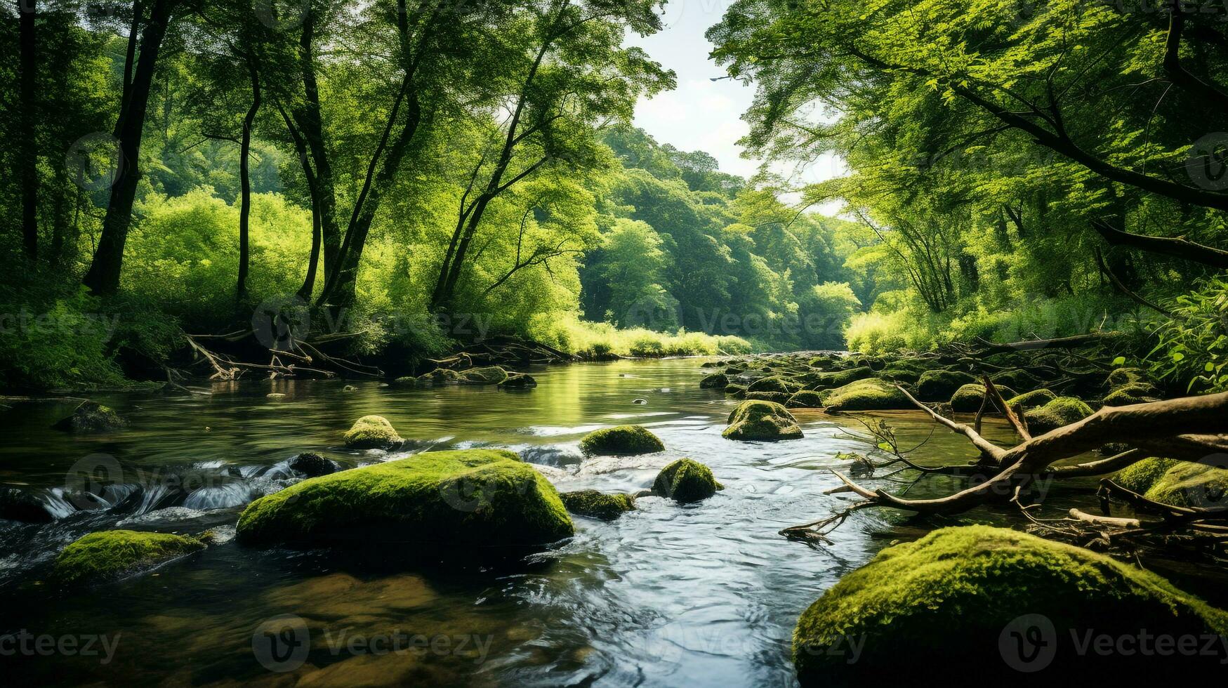 ai generado un foto de un lozano, verde orilla del río próspero con fauna silvestre y claro agua. generativo ai