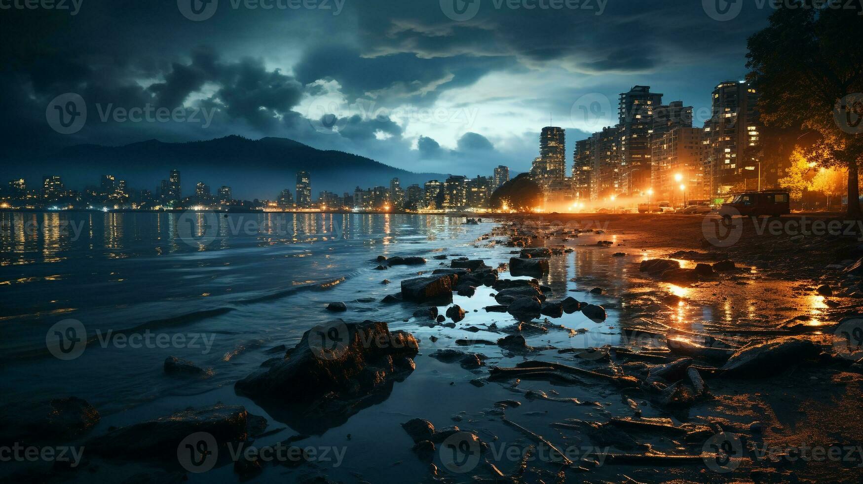 AI generated a photo of a coastal city's skyline partially submerged due to rising sea levels during a storm. Generative AI