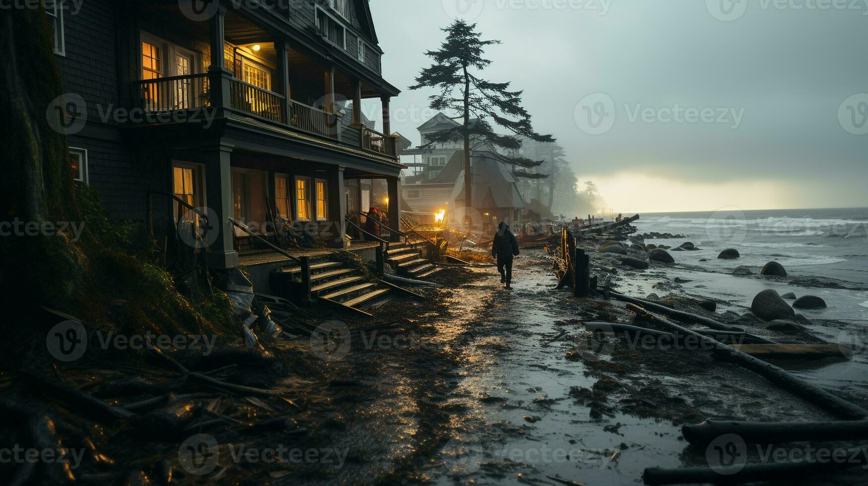 AI generated a photo of a coastal village experiencing sea level rise and erosion during a storm. Generative AI