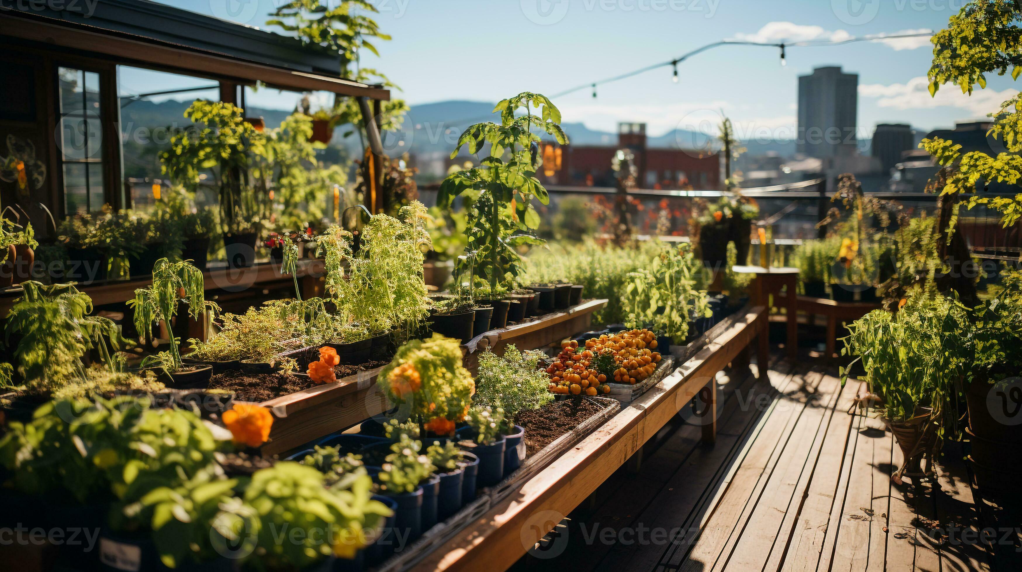 AI generated a photo of a downtown rooftop garden or urban farm ... Biology Diagrams