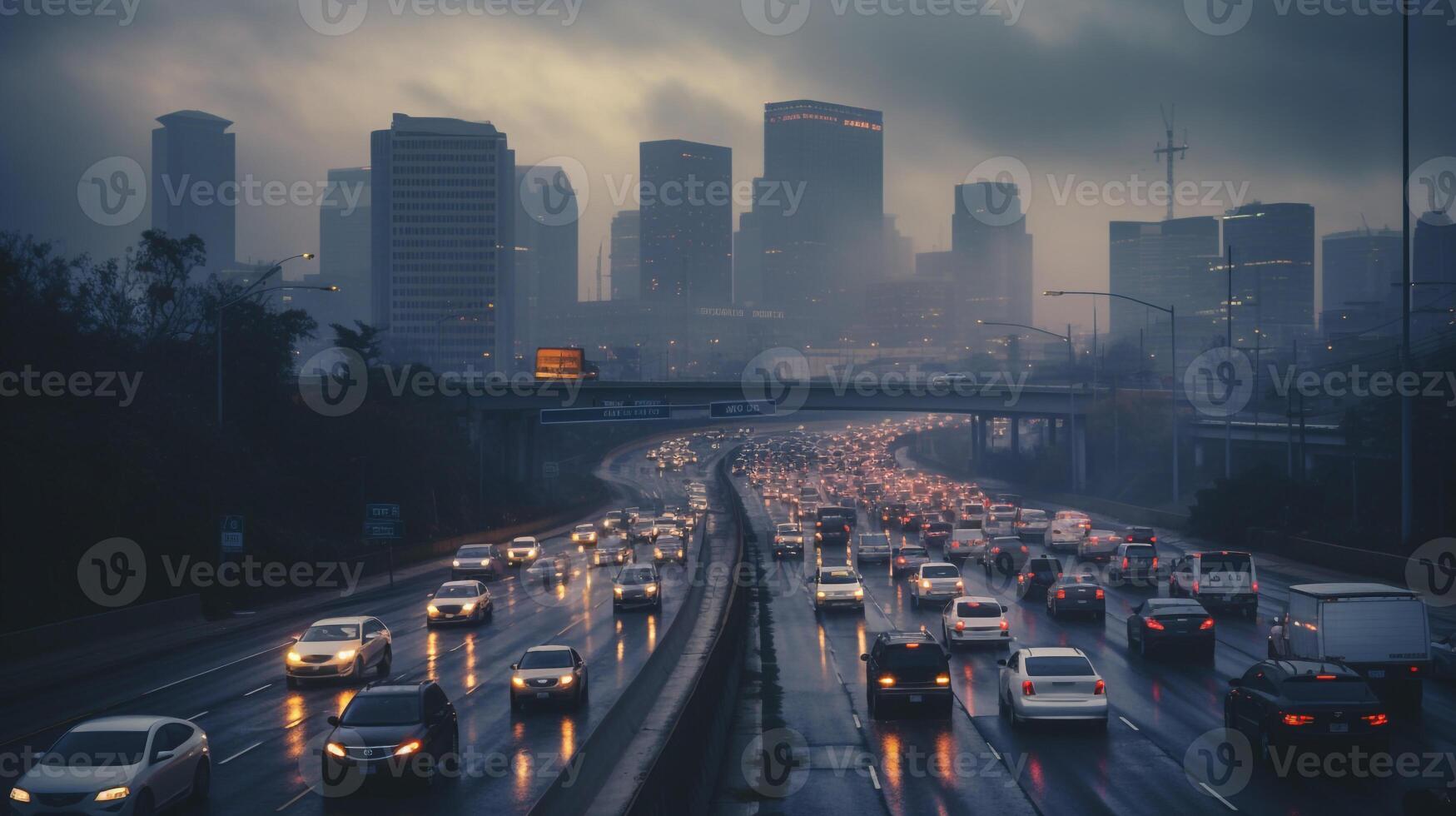 ai generado un foto de un congestionado ciudad autopista durante prisa hora. generativo ai