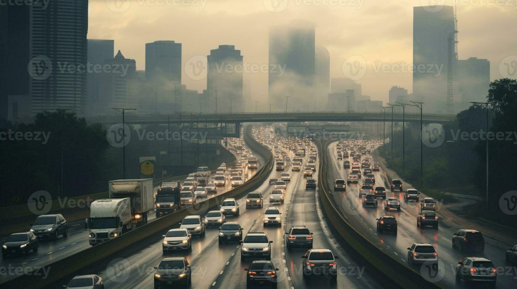 ai generado un foto de un congestionado ciudad autopista durante prisa hora. generativo ai