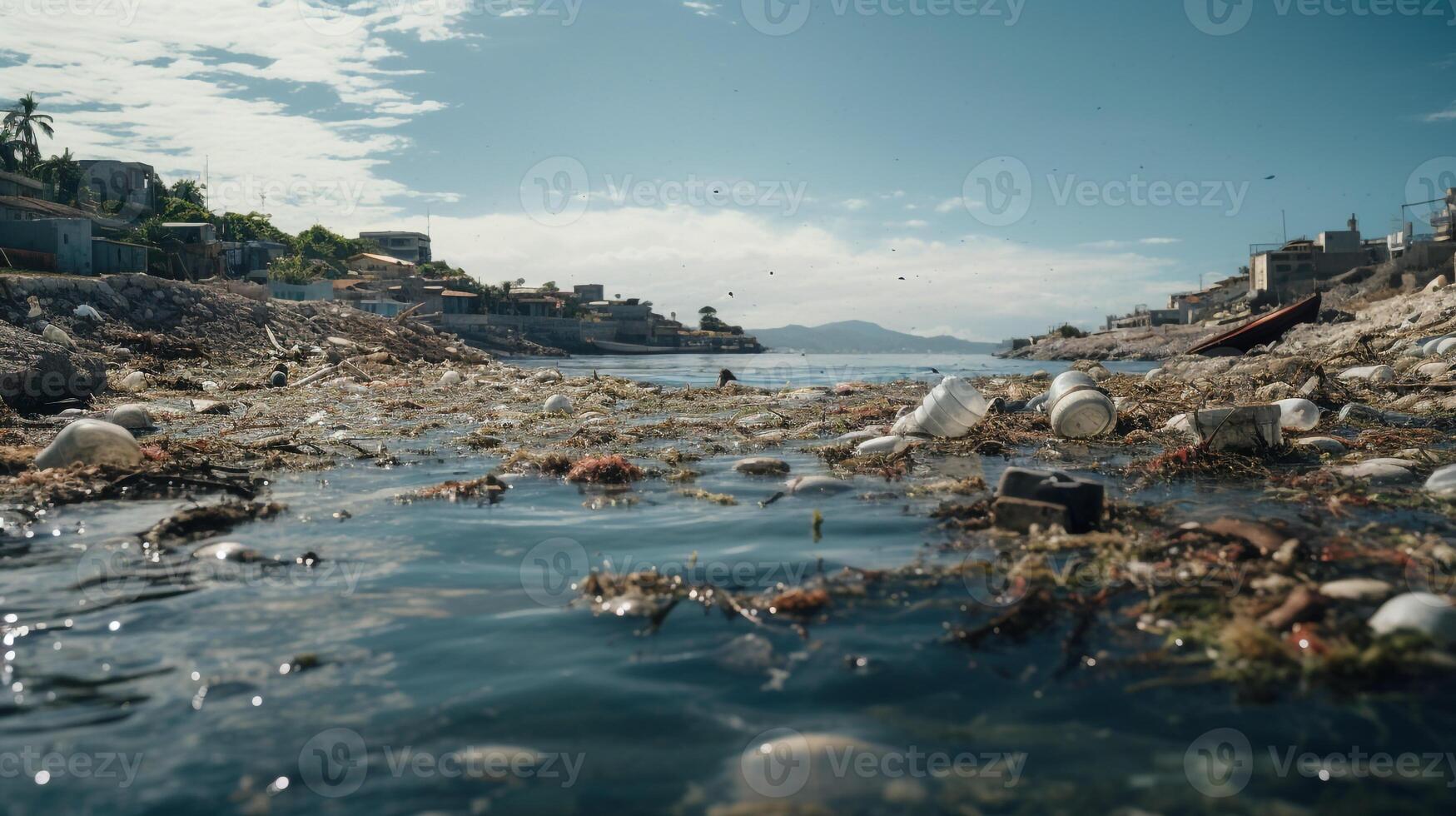 AI generated A photo of a coastal town affected by marine pollution. Generative AI