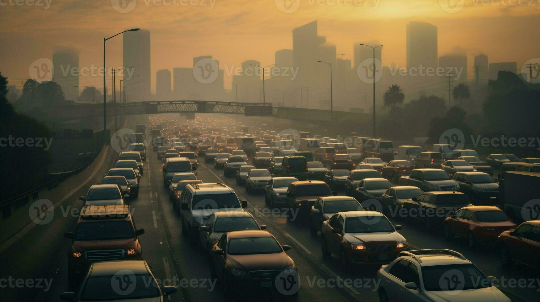 ai generado un foto de un congestionado ciudad autopista durante prisa hora. generativo ai