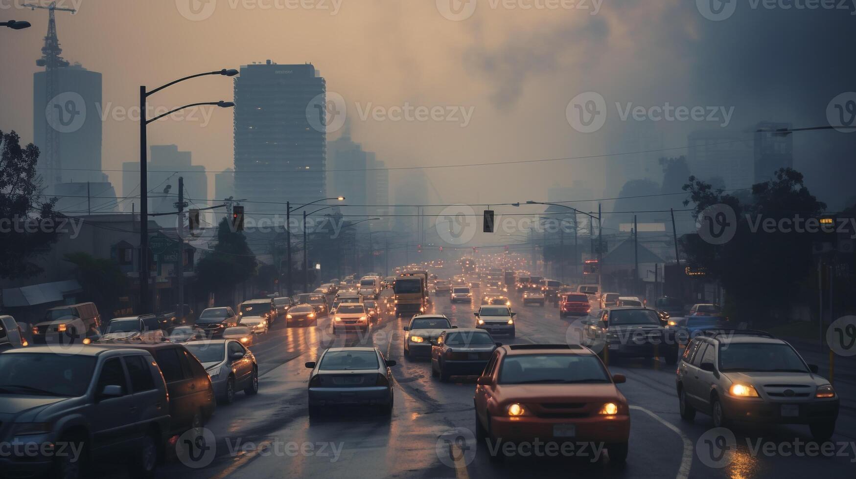 ai generado un foto de un ocupado urbano intersección envuelto en niebla tóxica y contaminación. generativo ai