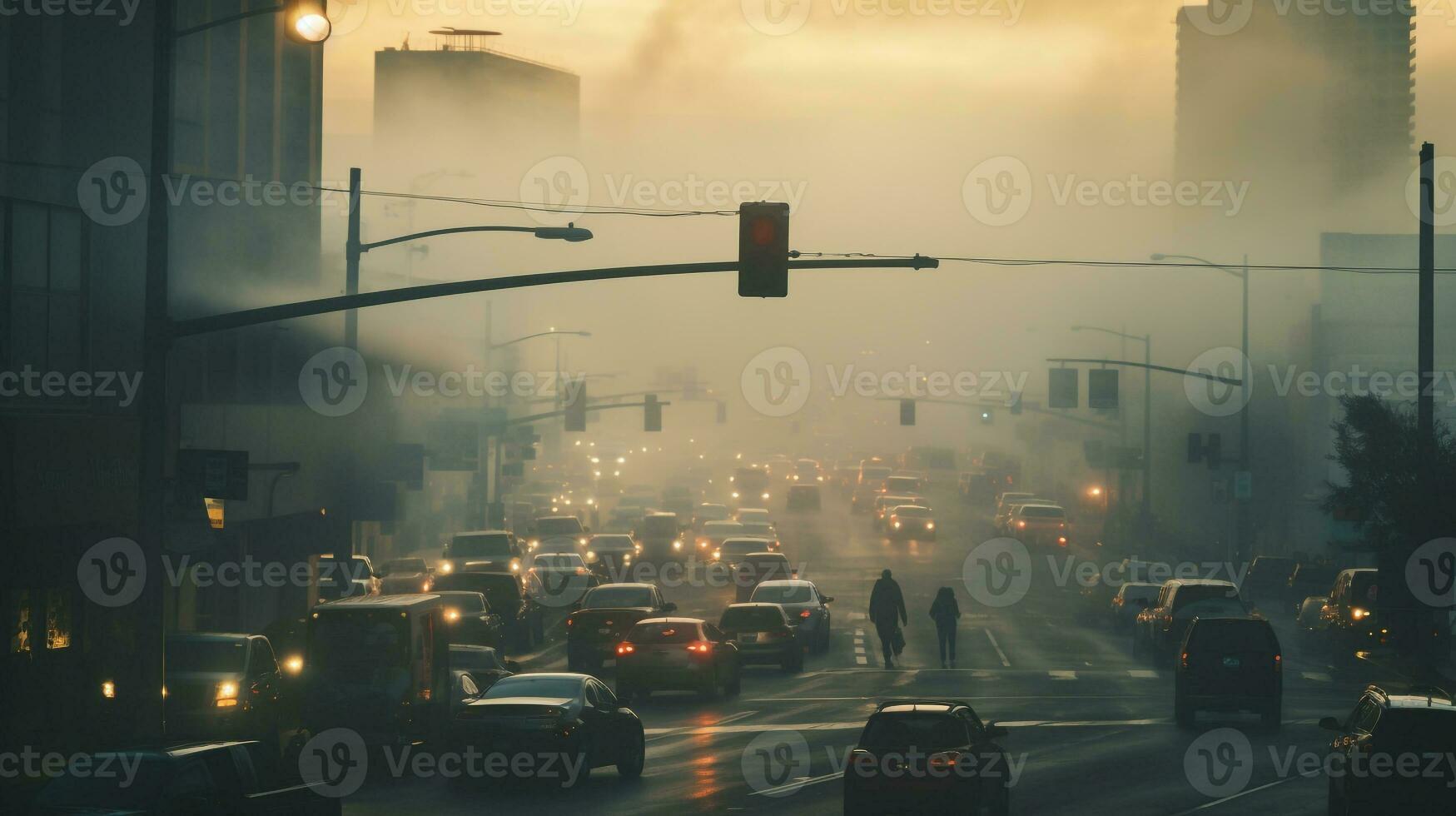 AI generated A photo of a busy urban intersection enveloped in smog and pollution. Generative AI