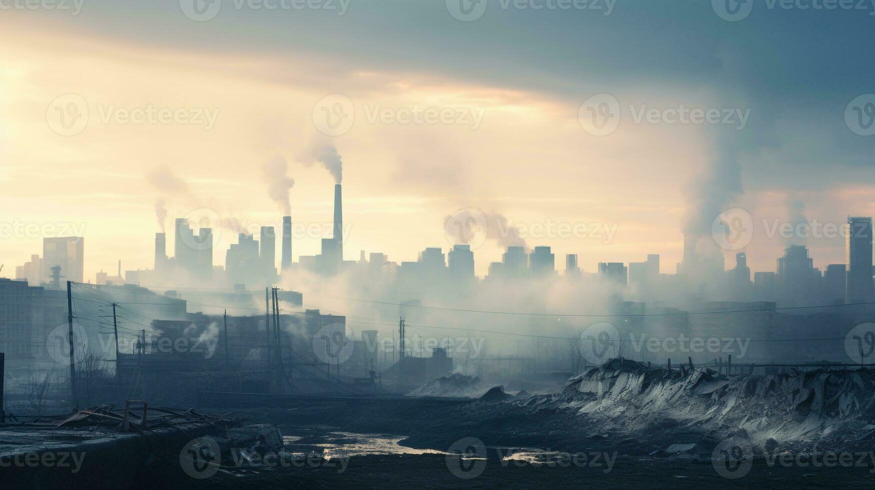 AI generated A photo of a city skyline partially obscured by factory smoke. Generative AI